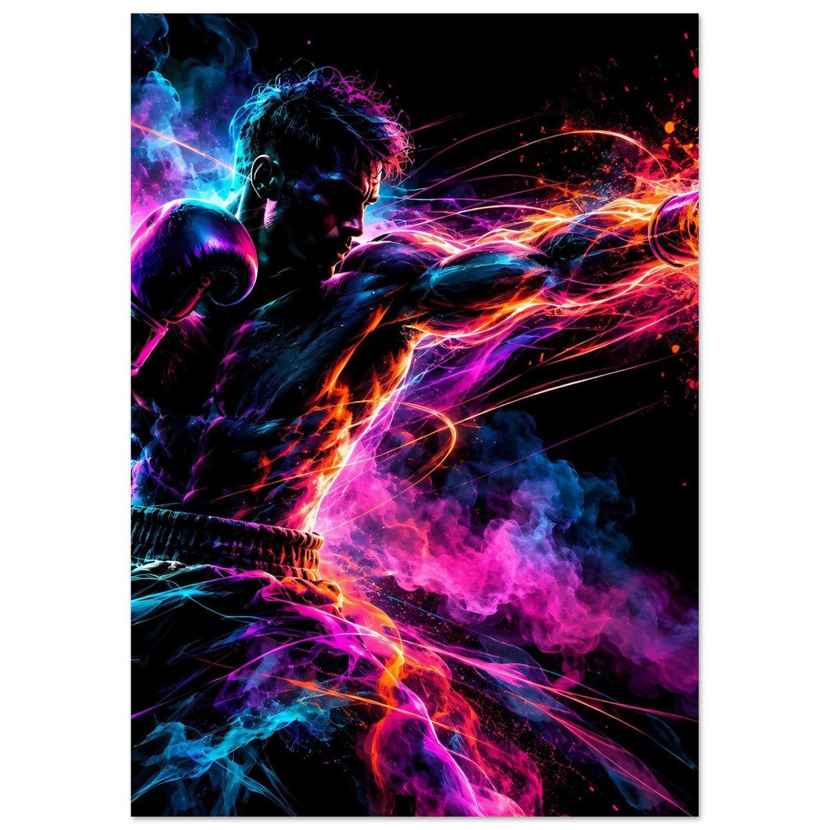 Poster mit Boxkämpfer im Neonstil, orange und blau leuchtende Lichtbahnen