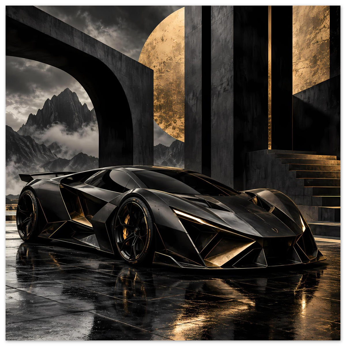 Autoposter-Poster: schwarzer Supersportwagen mit goldenen Zierelementen, Front-3/4