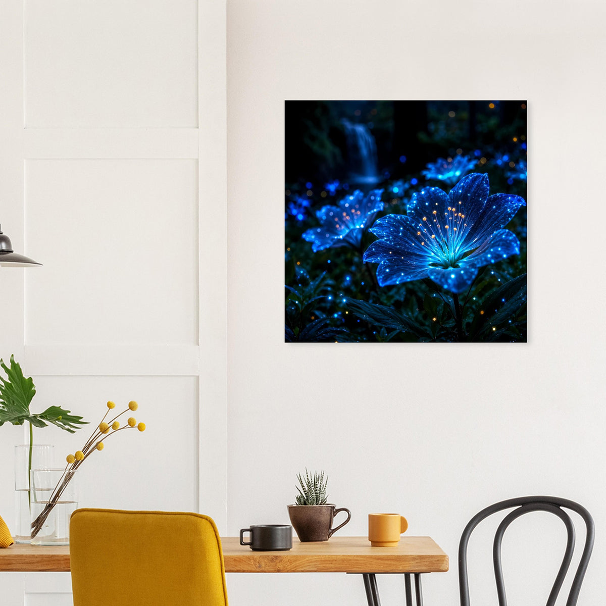 Gerahmtes Poster mit blauer Blüte und verstreuten leuchtenden Funkenpunkten