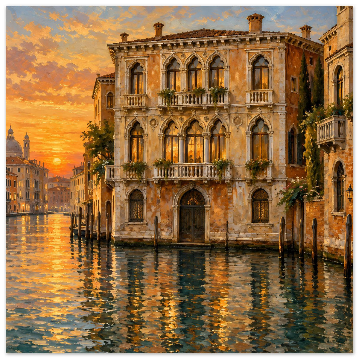 Poster mit venezianischem Palazzo am Kanalufer, Abendsonne und Spiegelungen im Wasser
