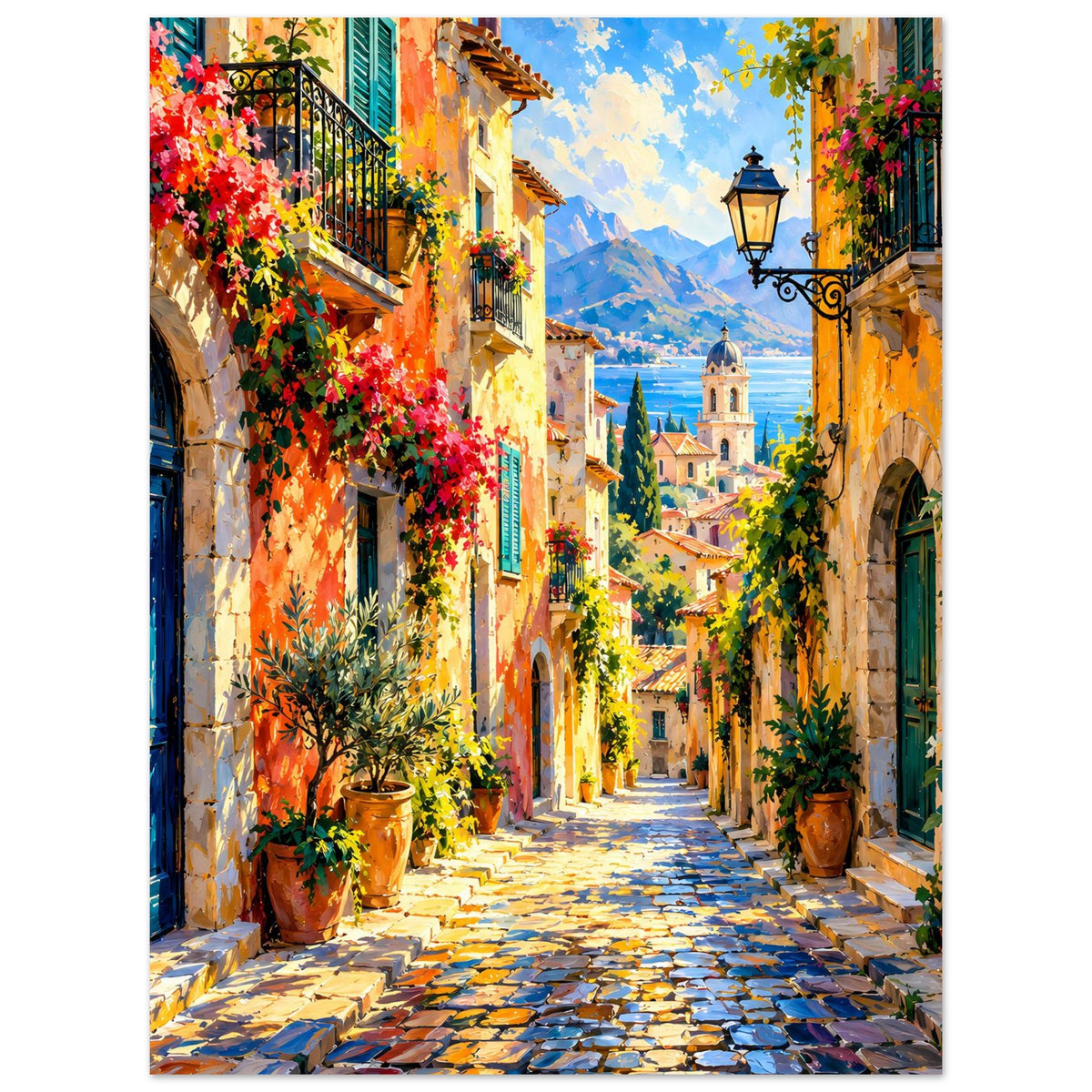 Kunstposter mit mediterraner Gasse, Straßenlaterne, Pflanzenkübeln und Bergen vor blauem Himmel