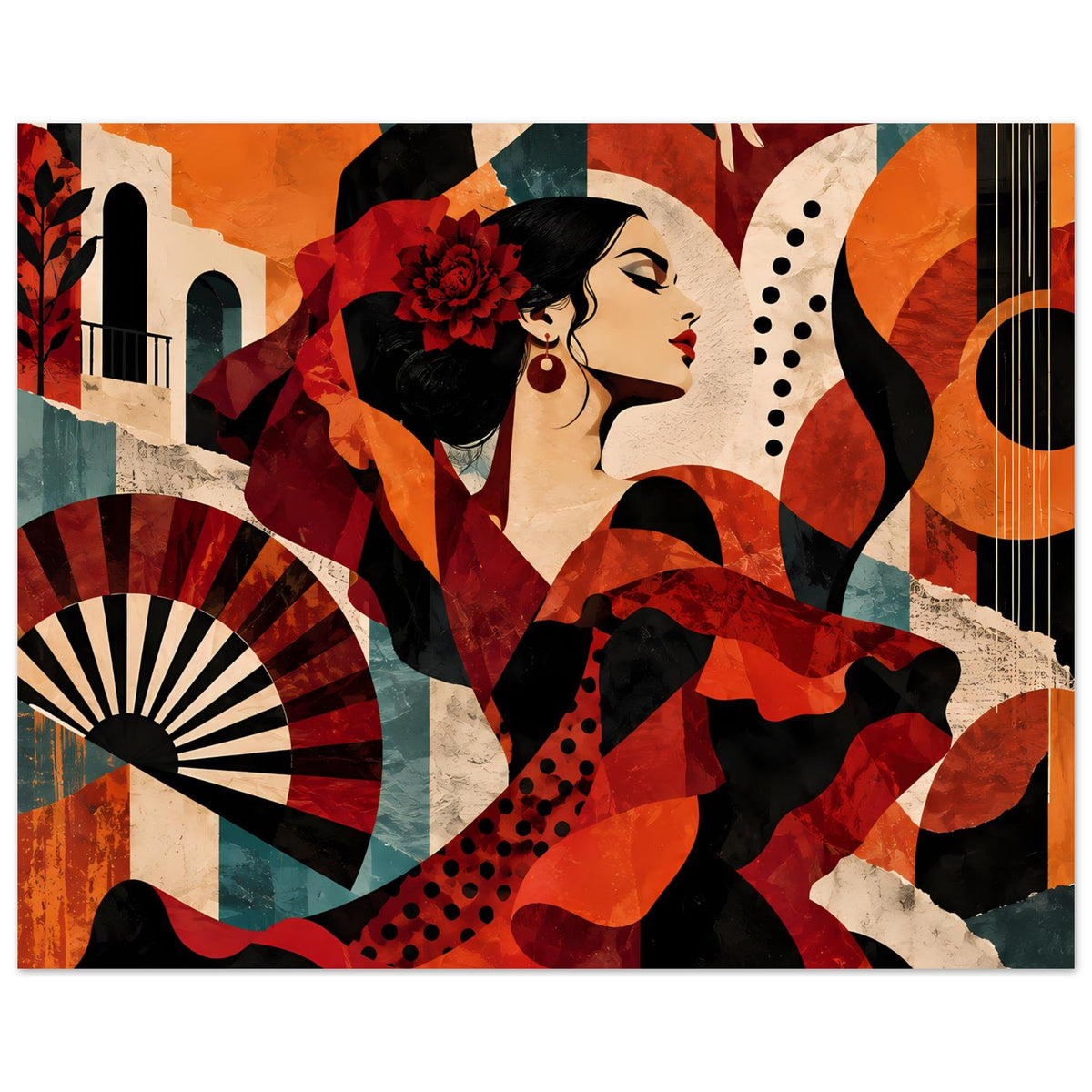 Flamenco-Tanzposter im Querformat: Porträt der Tänzerin mit Fächer, rot-schwarze Collage