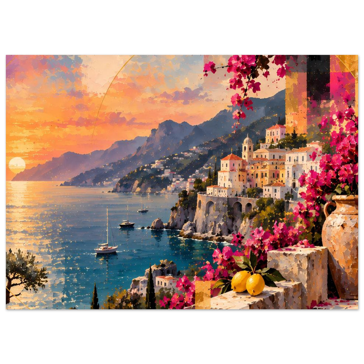 Horizontales Poster: Küstenstadt am Wasser im Sonnenuntergang, Boote und pinke Bougainvillea