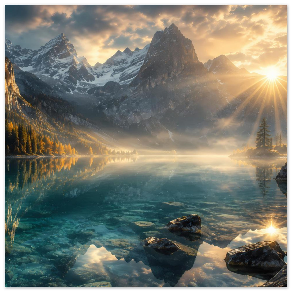 Wandposter mit Bergsee bei Sonnenaufgang, Lichtstrahlen und Felsen nahe dem Vordergrund
