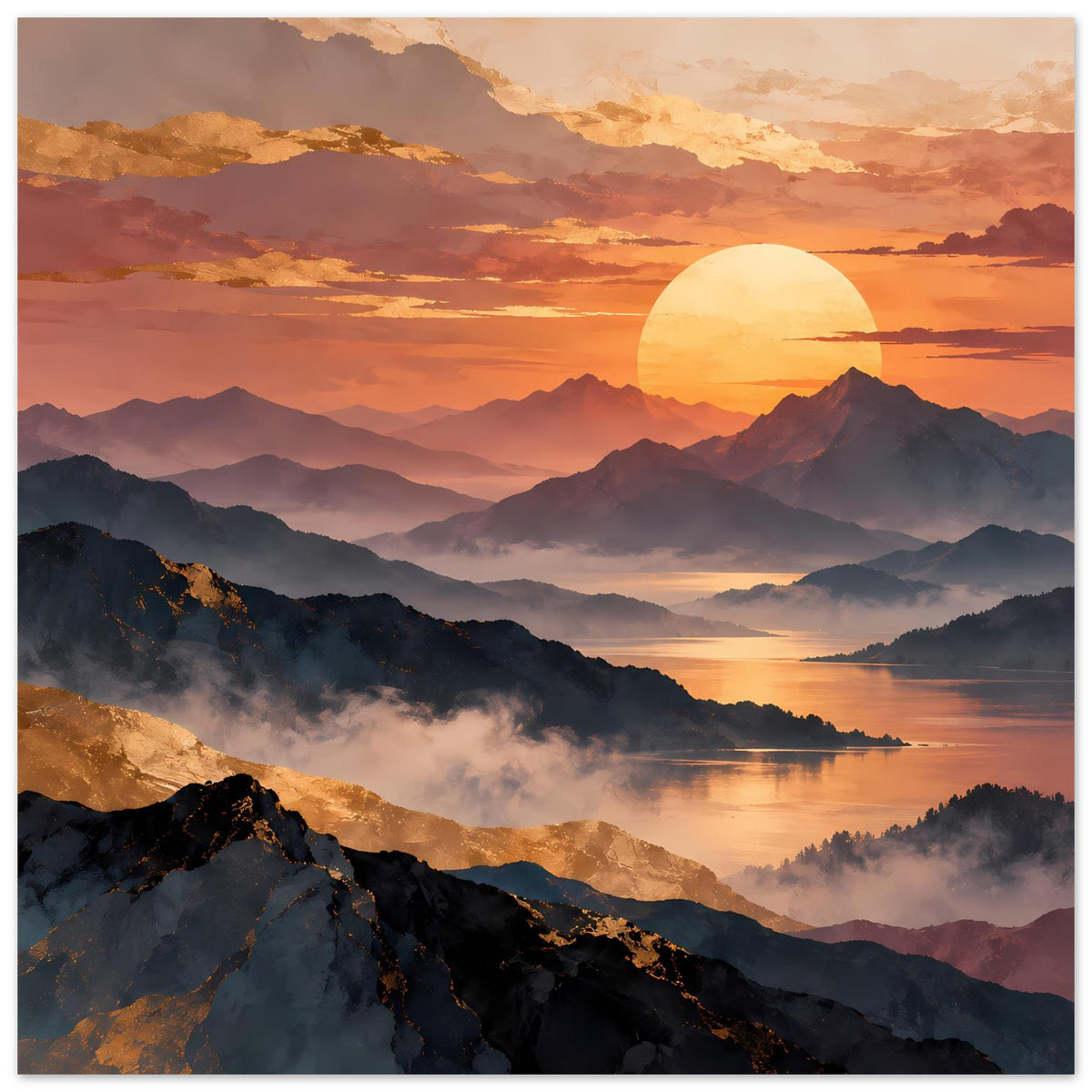 Vertikaler Posterdruck: Sonnenuntergang mit runder Sonne, Bergkette, See und Nebelschleier.