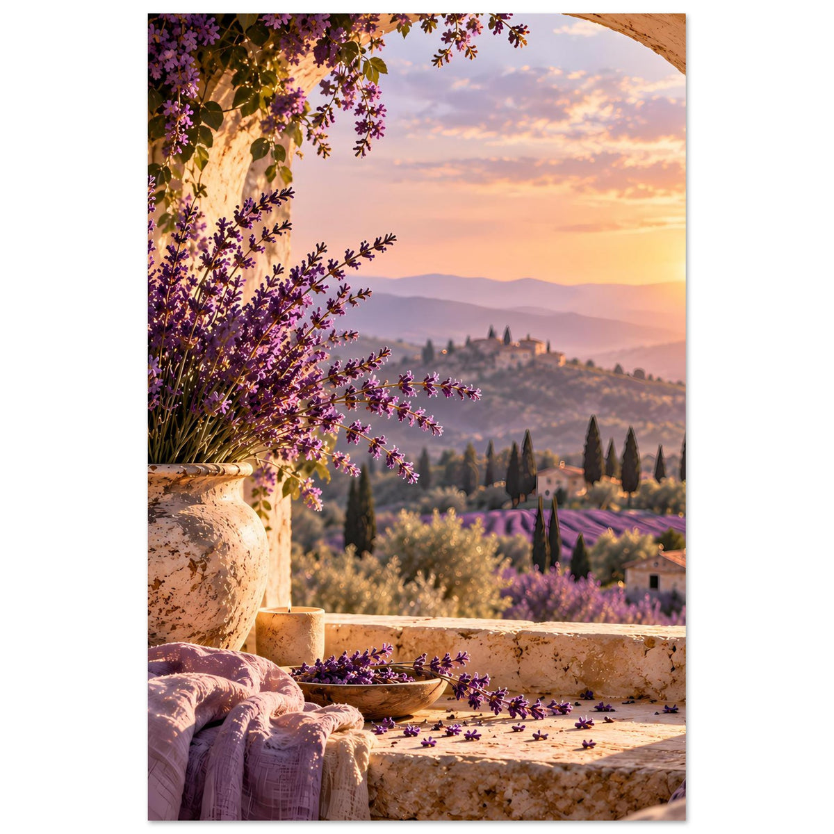 Kunstdruck im Hochformat mit Lavendelstrauch, Steinvase und Sonnenuntergang im Tal