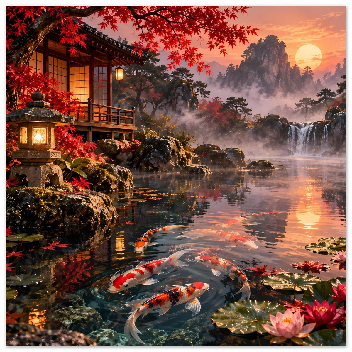 Poster mit Koi-Teich: mehrere Koi im Wasser, Felsbrocken, Wasserfall und rote Blätter, Laterne.