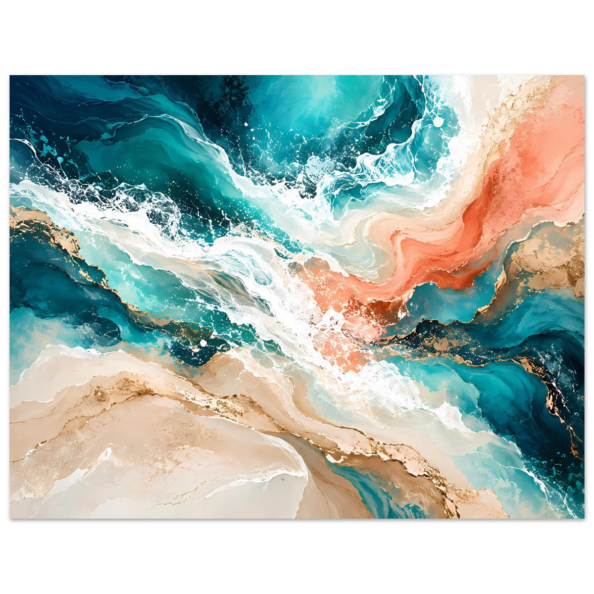 Kunstposter mit abstrakten Marmor- und Wellenwirbeln in Türkis, Blau, Beige und Koralle (querformat)