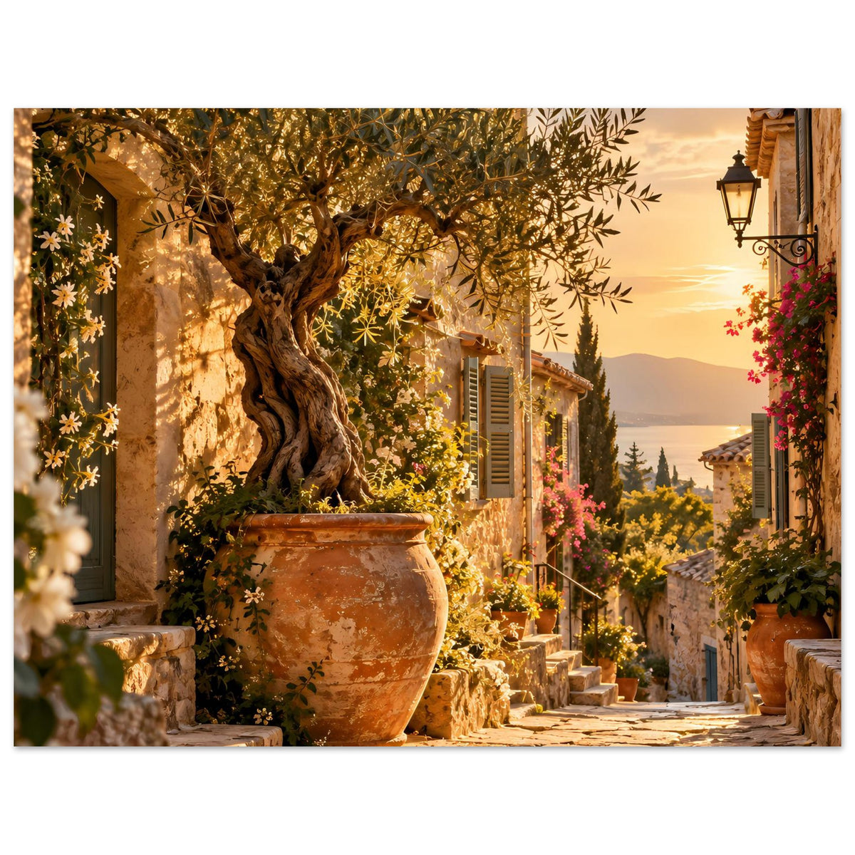 Poster: mediterrane Steingasse mit Olivenbaum, Blüten und Terrakotta-Vase, Querformat