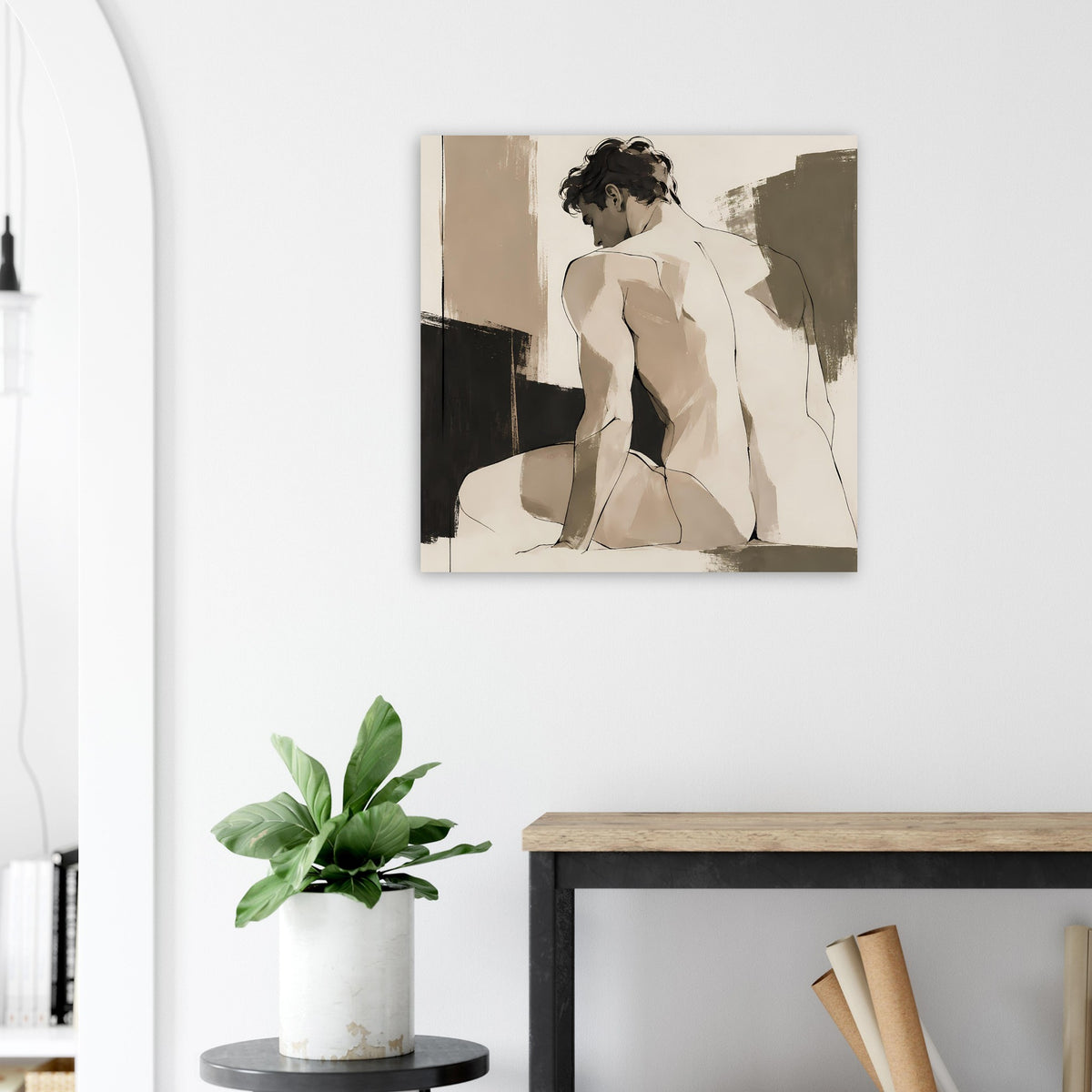 Gerahmter Kunstdruck mit Aktfigur in Sepia-Tönen und klaren Flächen