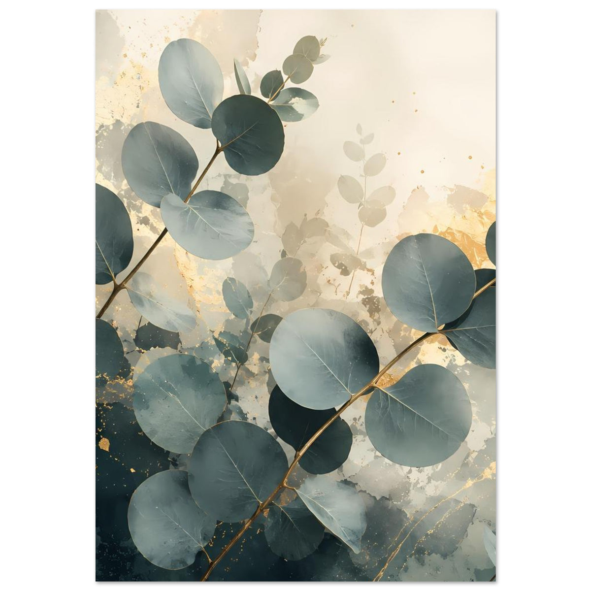 Eukalyptus-Poster mit großen blaugrünen Blättern und goldfarbenen Highlights