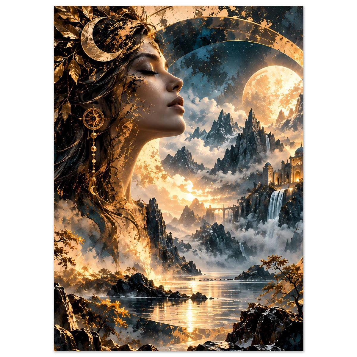 Poster mit Göttin und goldenem Halbmond, Nebel über See, Fels und Bäume im Vordergrund