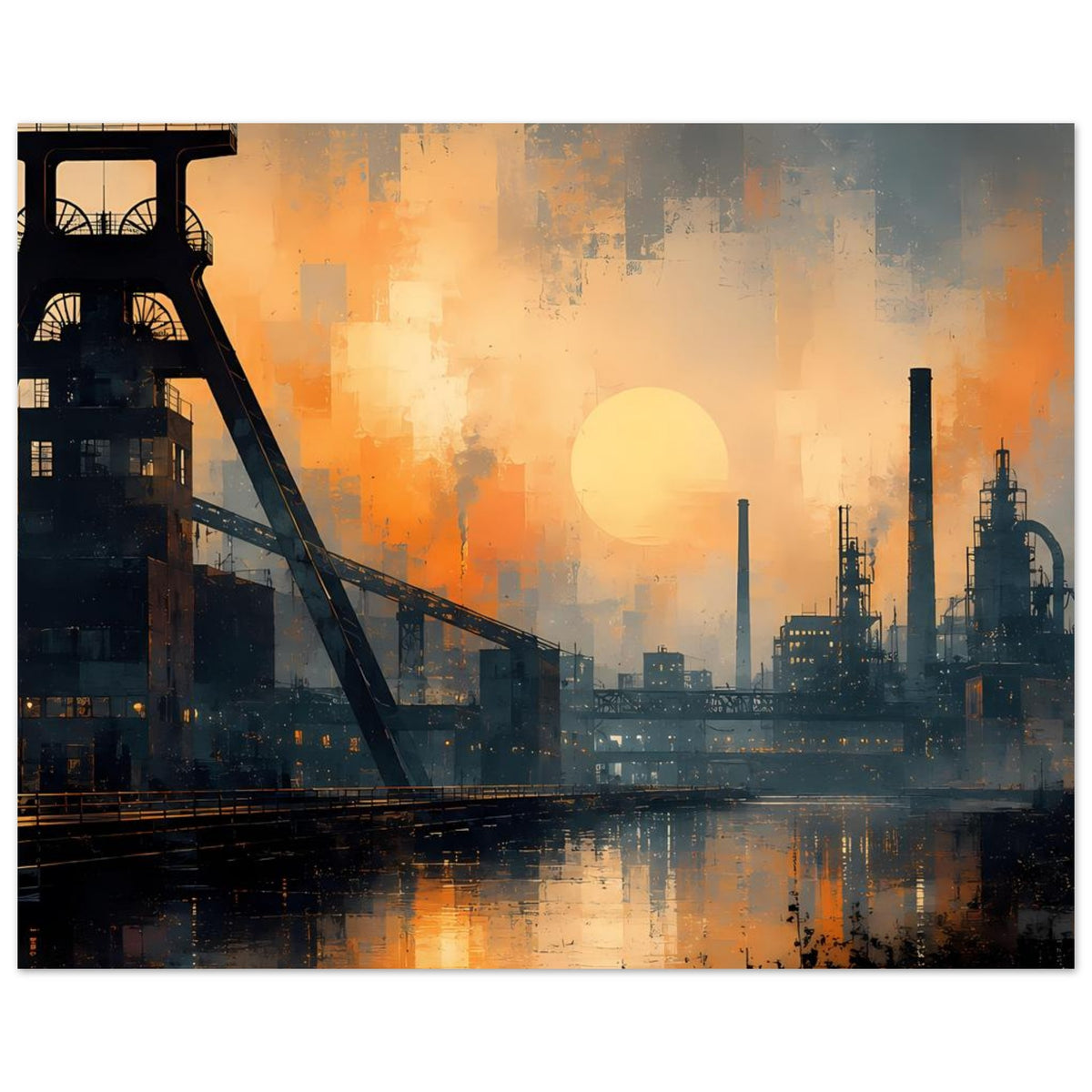 Industrielles Dämmerungs-Wandposter, Querformat mit Schornsteinen, Industriehafen und Spiegelung