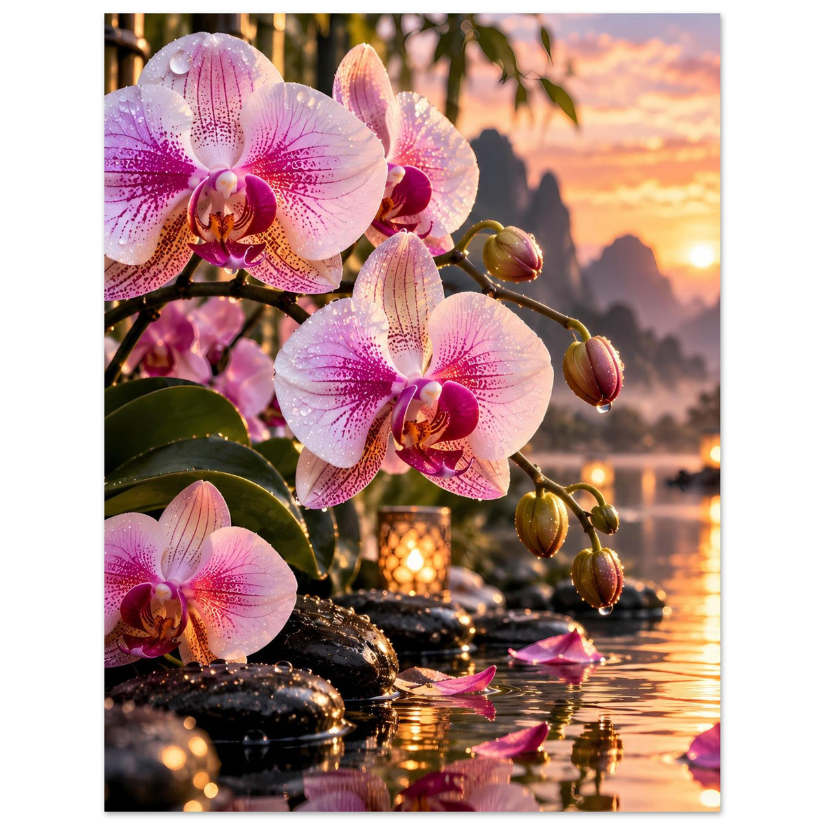 Orchideen-Poster im Querformat: rosa Orchideen, goldene Lichter und Wasserreflexe