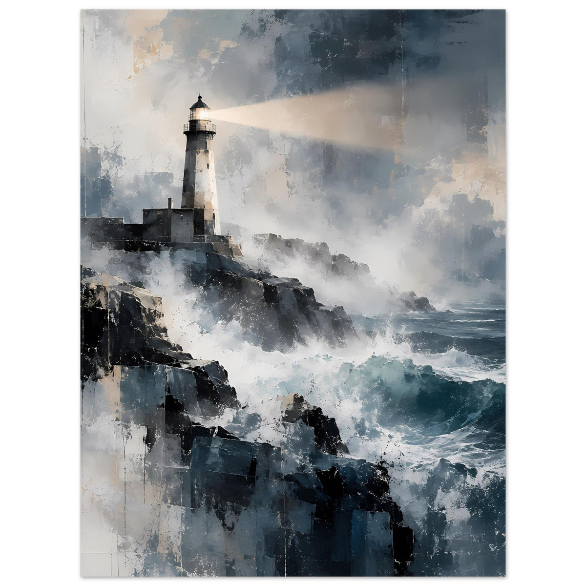 Maritimes Poster: heller Leuchtturm vor dunkler Küste, kräftige Wellen im Blau-Grau-Mix