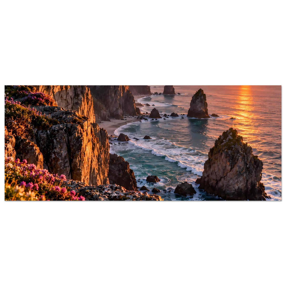 Horizontales Poster mit Küstenklippen und Sonnenuntergang, Wellen zwischen Felsen