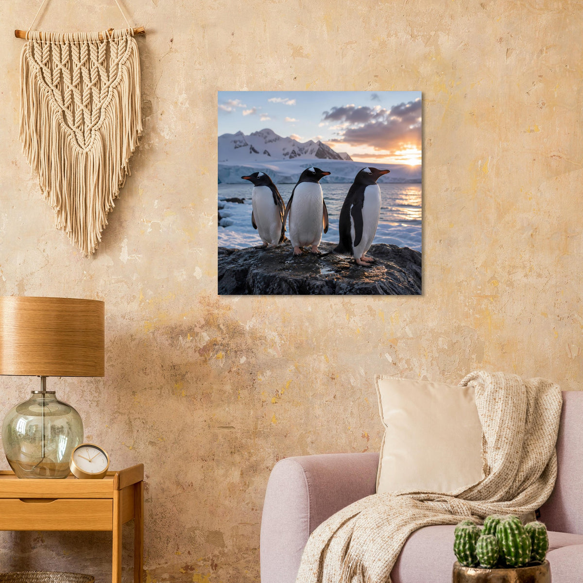 Wandposter mit drei Pinguinen in Küstenszene, Berge im Hintergrund, Sonnenuntergang