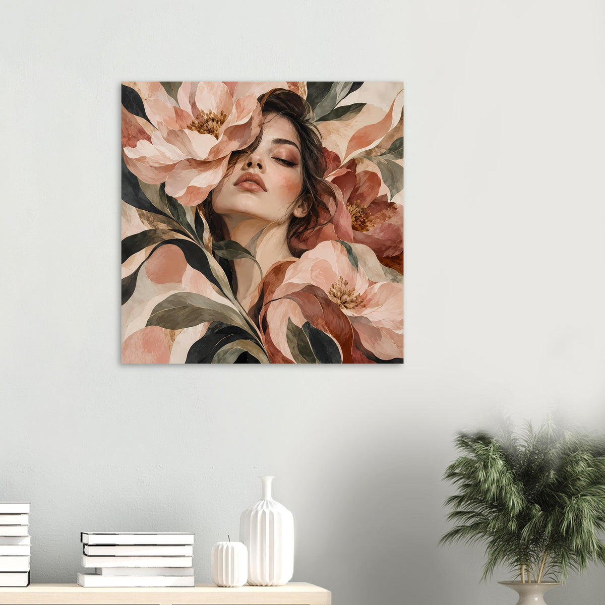 Kleines Poster an der Wand: Blumenportrait einer Frau mit Blüten in warmen Rosa-Beige-Tönen.