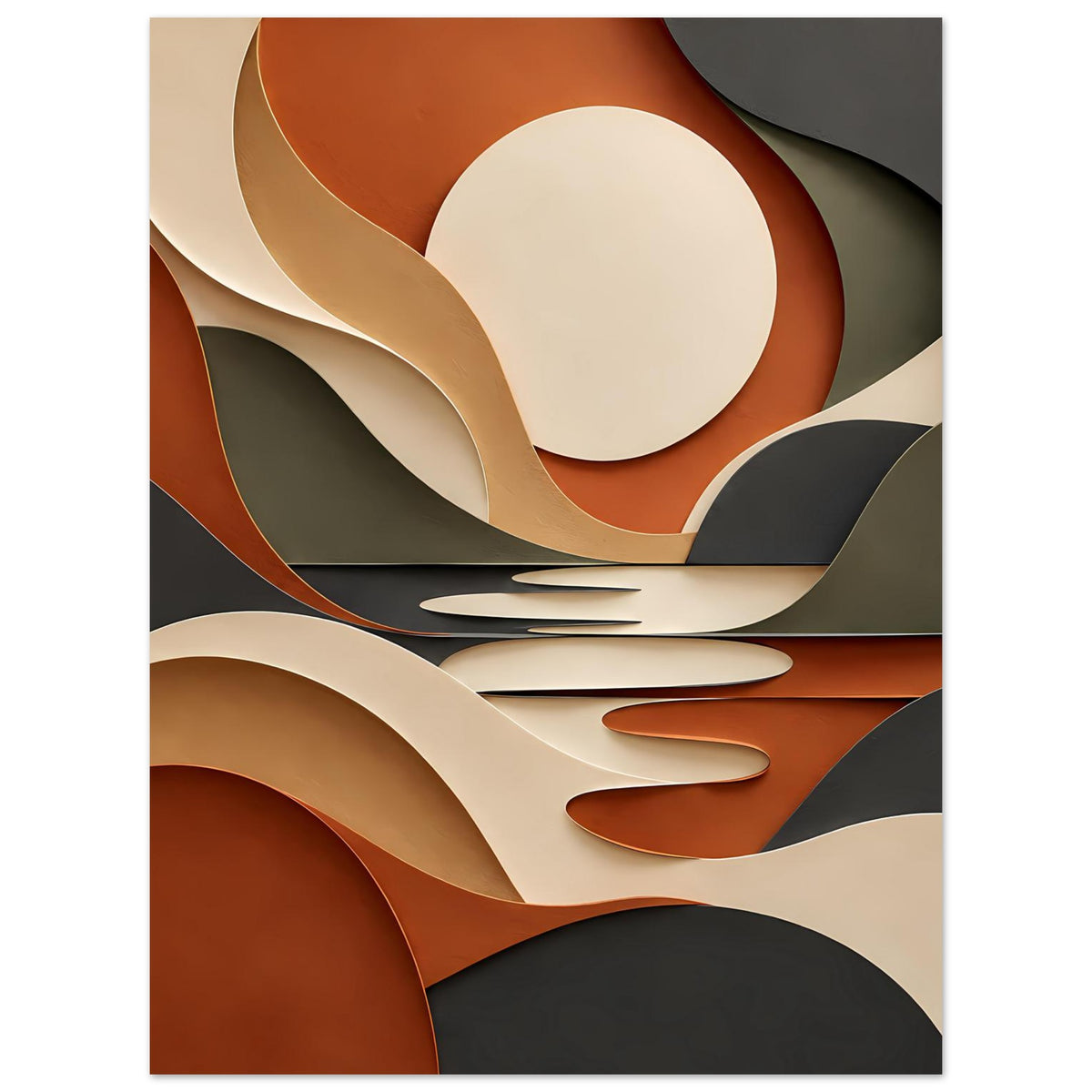 Kunstposter im Hochformat mit abstrakten, geschwungenen Kreisen in Terrakotta, Salbeigrün und Beige.