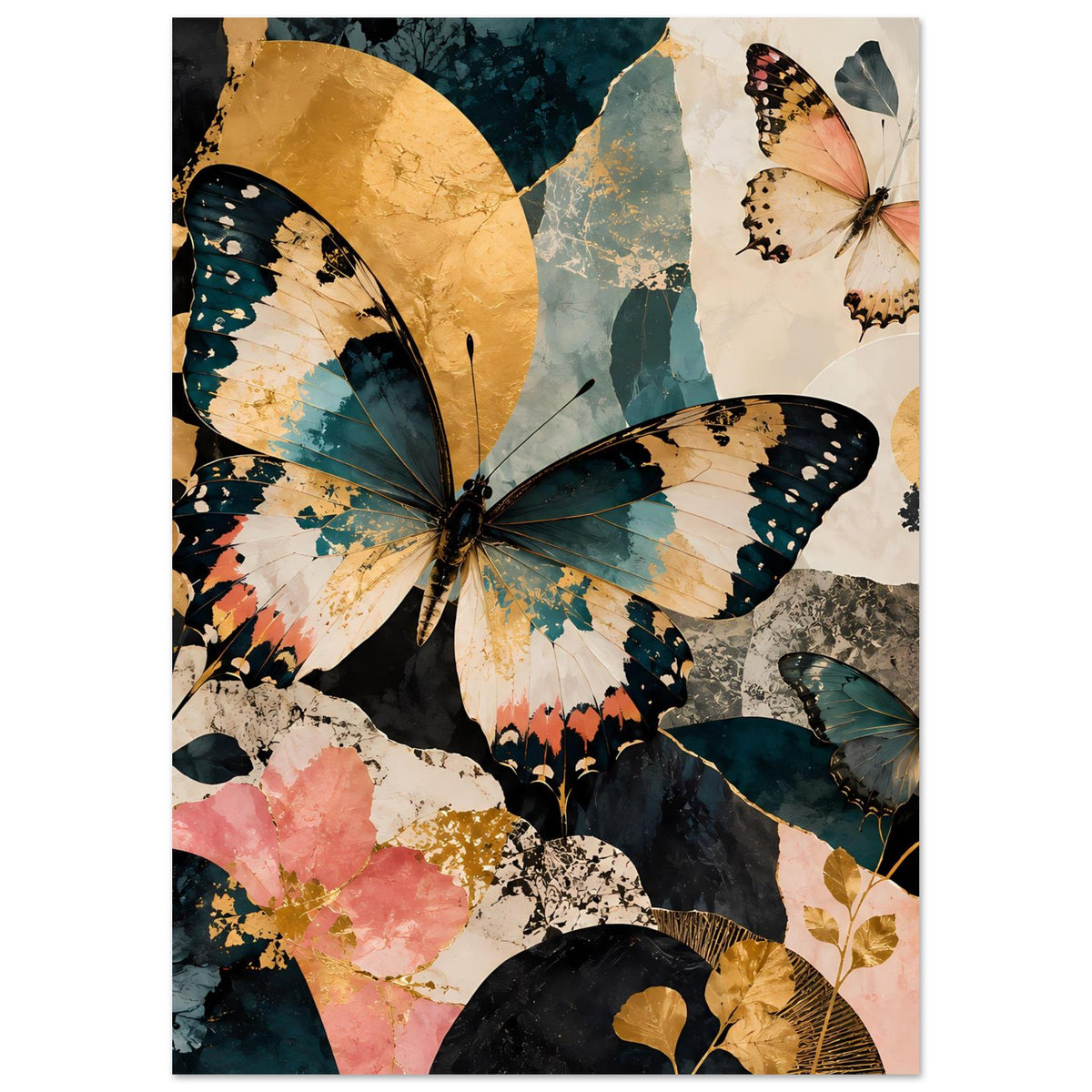 Kunstposter mit großen Schmetterlingen und kleineren Fluginsekten in türkisblau, gold und rosa