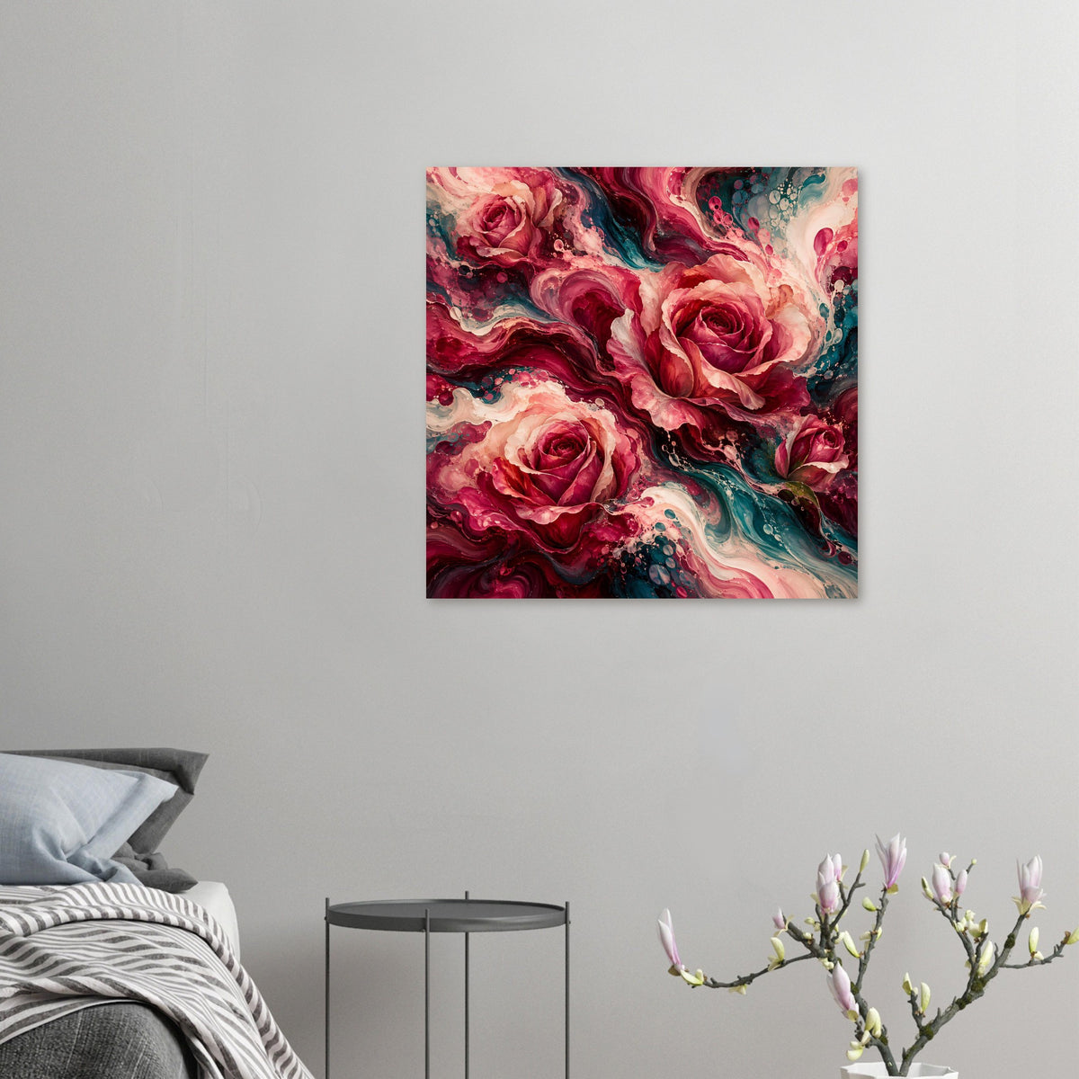 Kleines Blumenposter mit abstrakten Rosen in Pink/Rot und Türkisakzenten, umgeben von Farbwirbeln