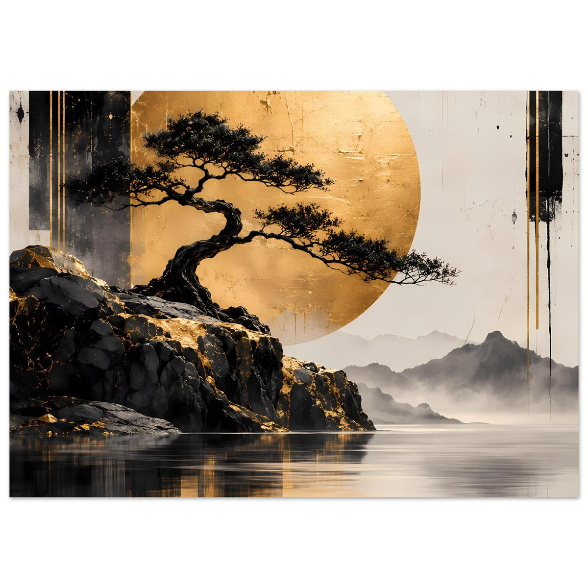 Poster mit goldener Sonne, schwarzem Baum, Felswand, Berglandschaft und Wasserreflexion