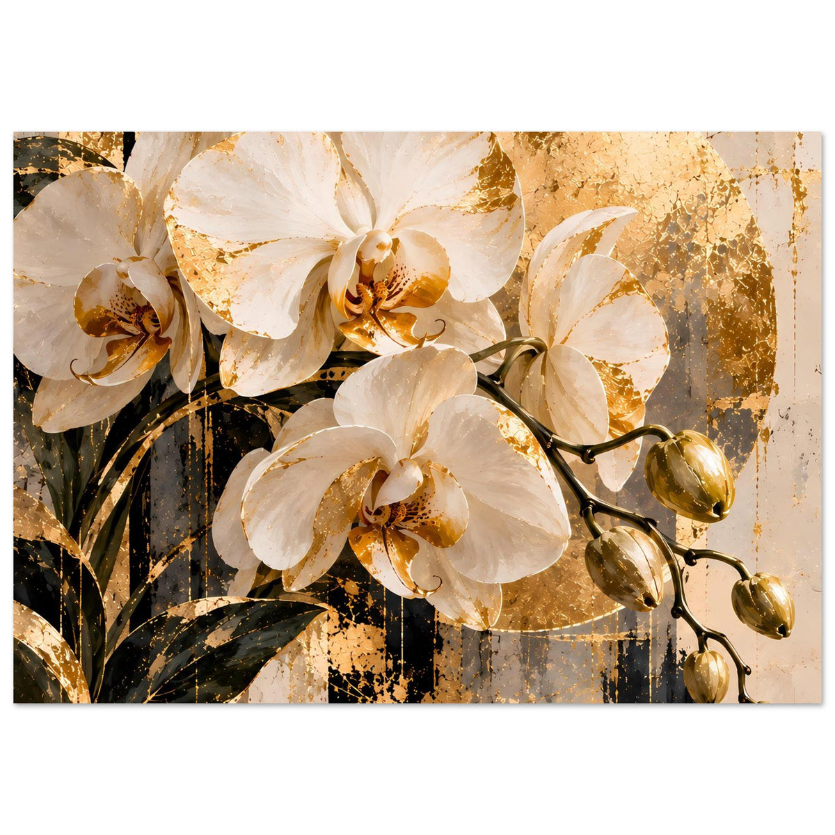 Orchideen-Wandbild mit goldener Blattstruktur, weiße matte Oberfläche, horizontal