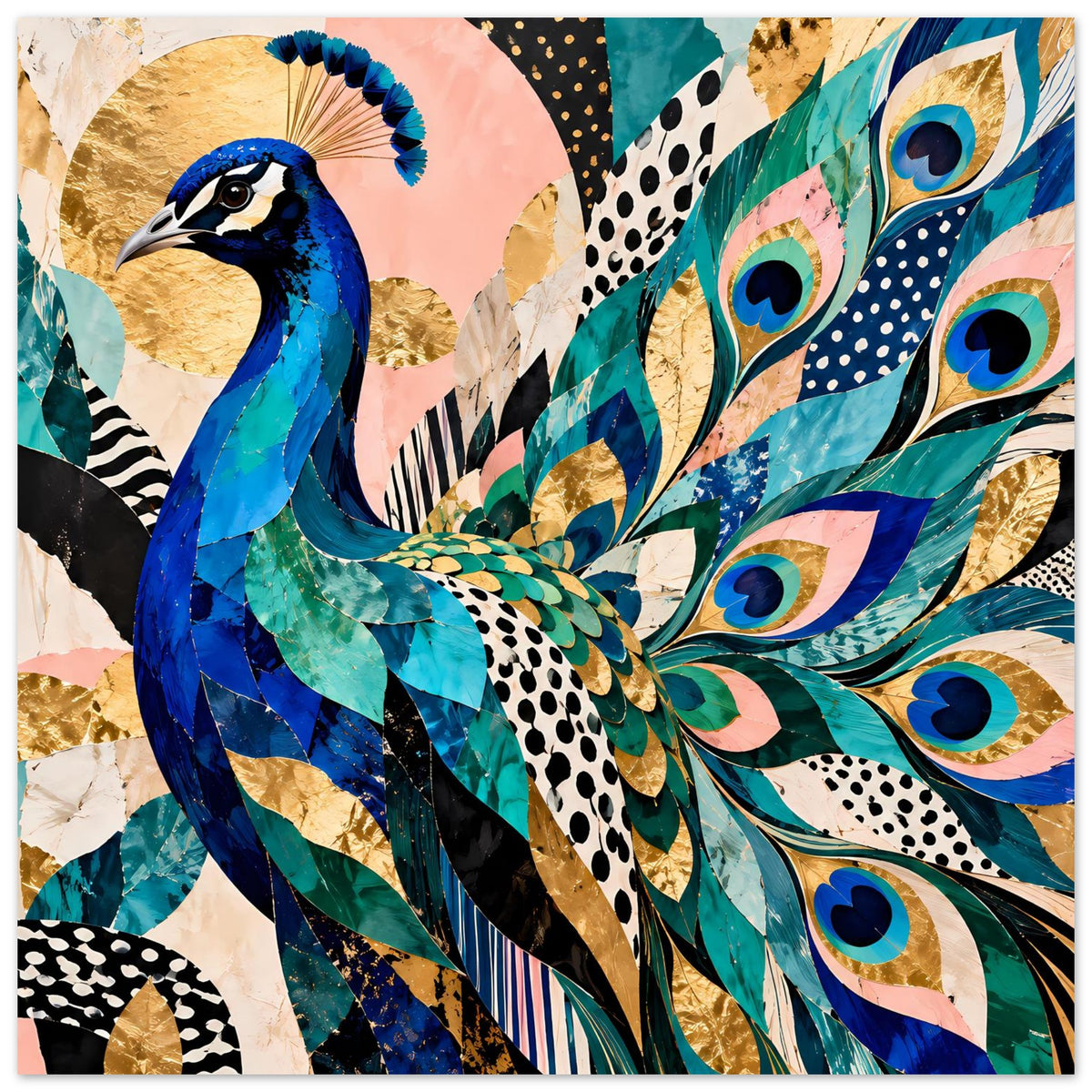 Pfau-Kunstposter mit blauem Pfau und türkisgrünen Federn, goldene Akzentflächen