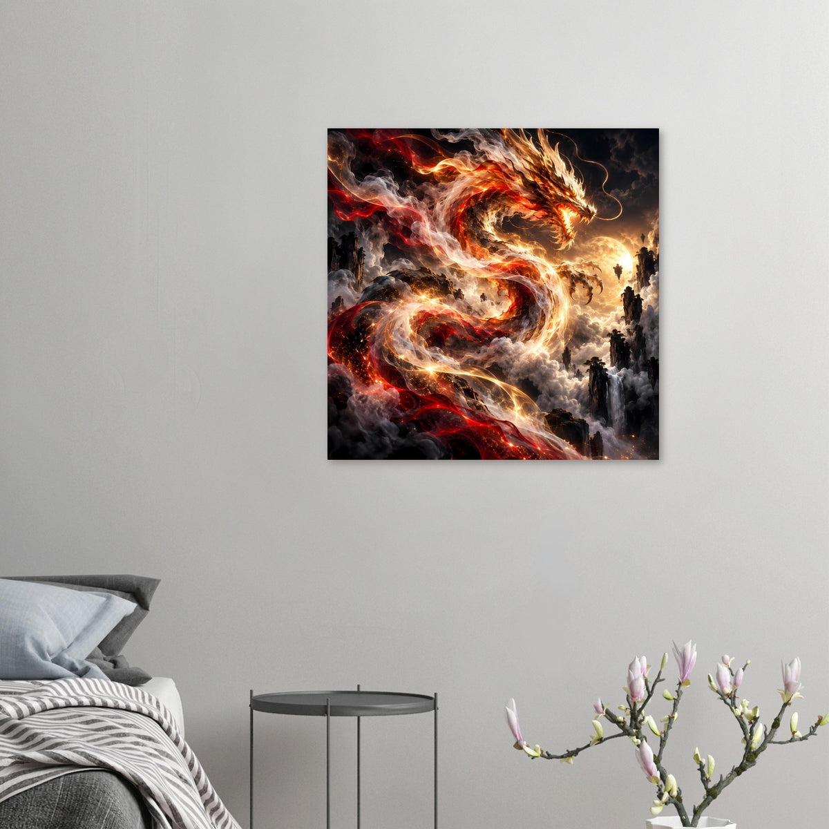 Kleines Drachen-Fantasyposter mit Feuerwirbel in Rot, Gold und weißen Rauchfahnen
