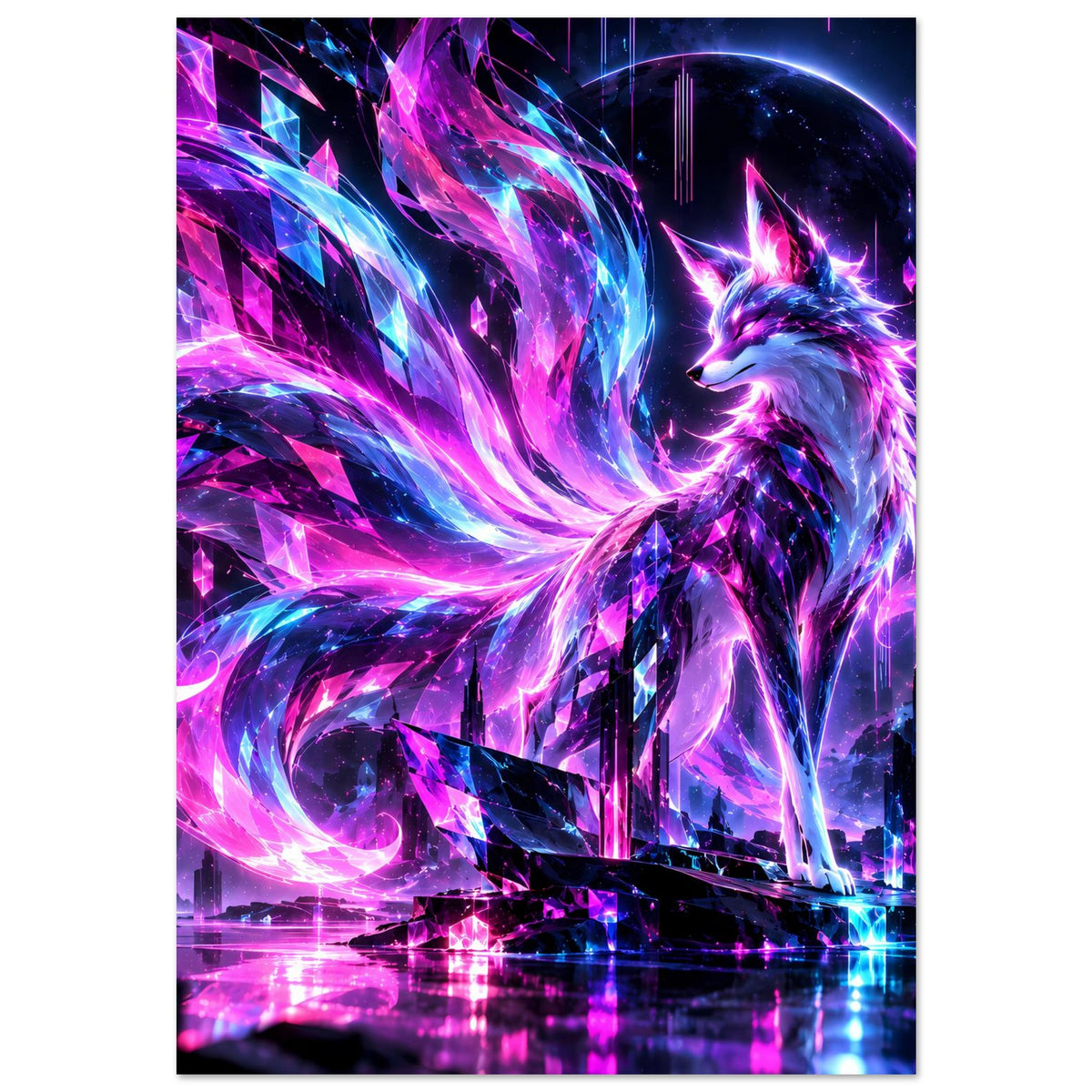 Fantasy-Poster mit Neon-Fuchs und flammender Lichtfahne, lila und blau leuchtende Effekte