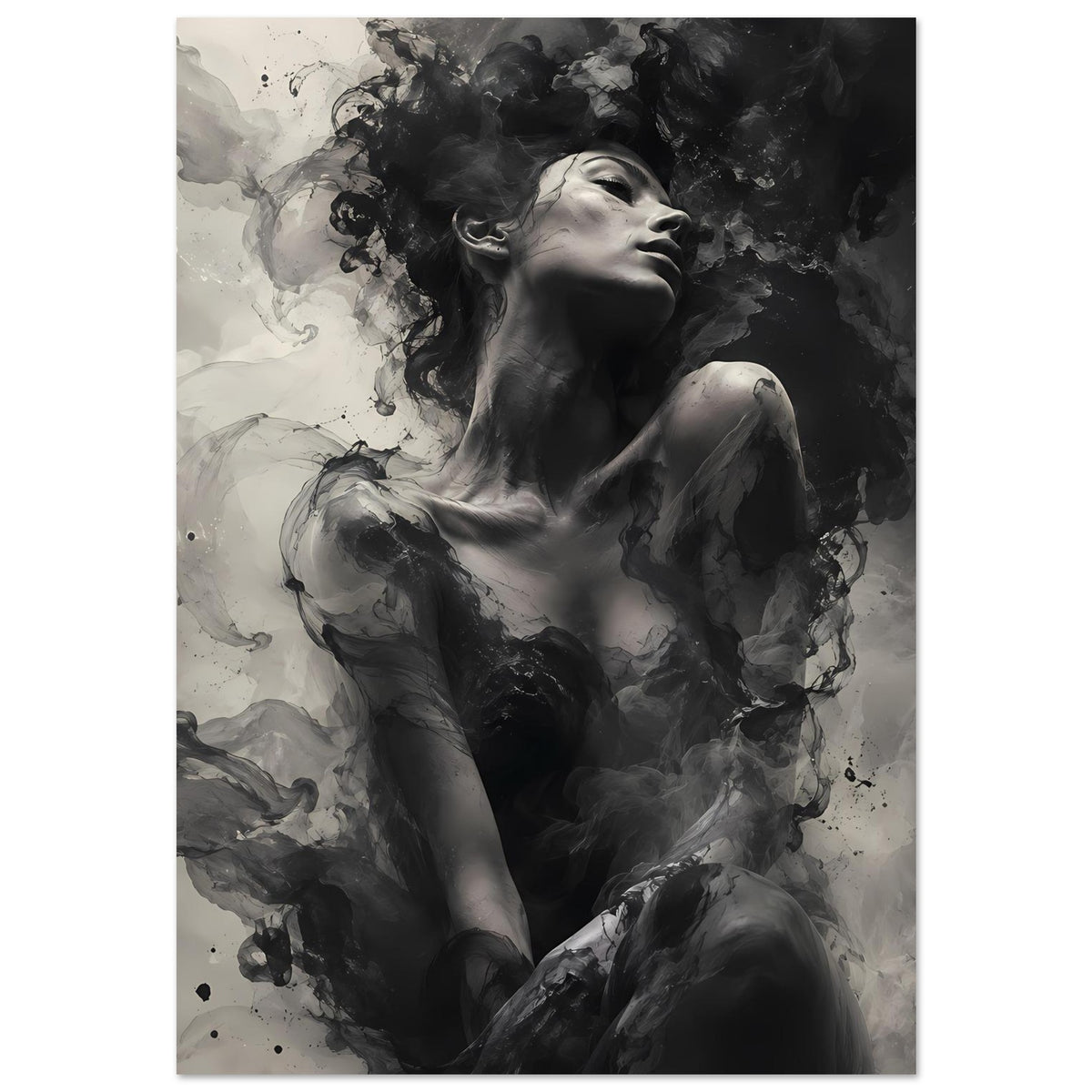 Monochromes Kunstposter mit Porträt einer Frau, dunkle Haarstruktur, Rauchmalerei