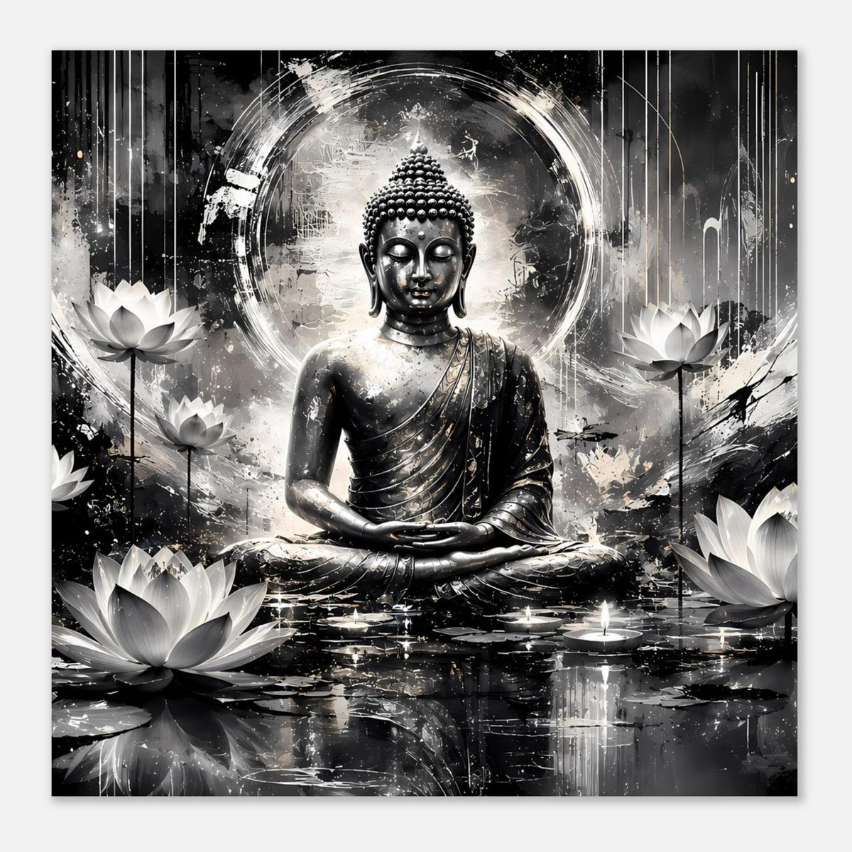 Quadratisches Buddha-Kunstposter schwarzweiß: sitzender Buddha, Lotusblätter und Wasserreflexe