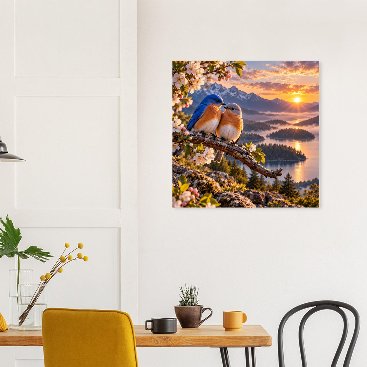 Poster mit zwei Vögeln auf einem Ast, blühende Zweige und Sonnenuntergangs-Landschaft.