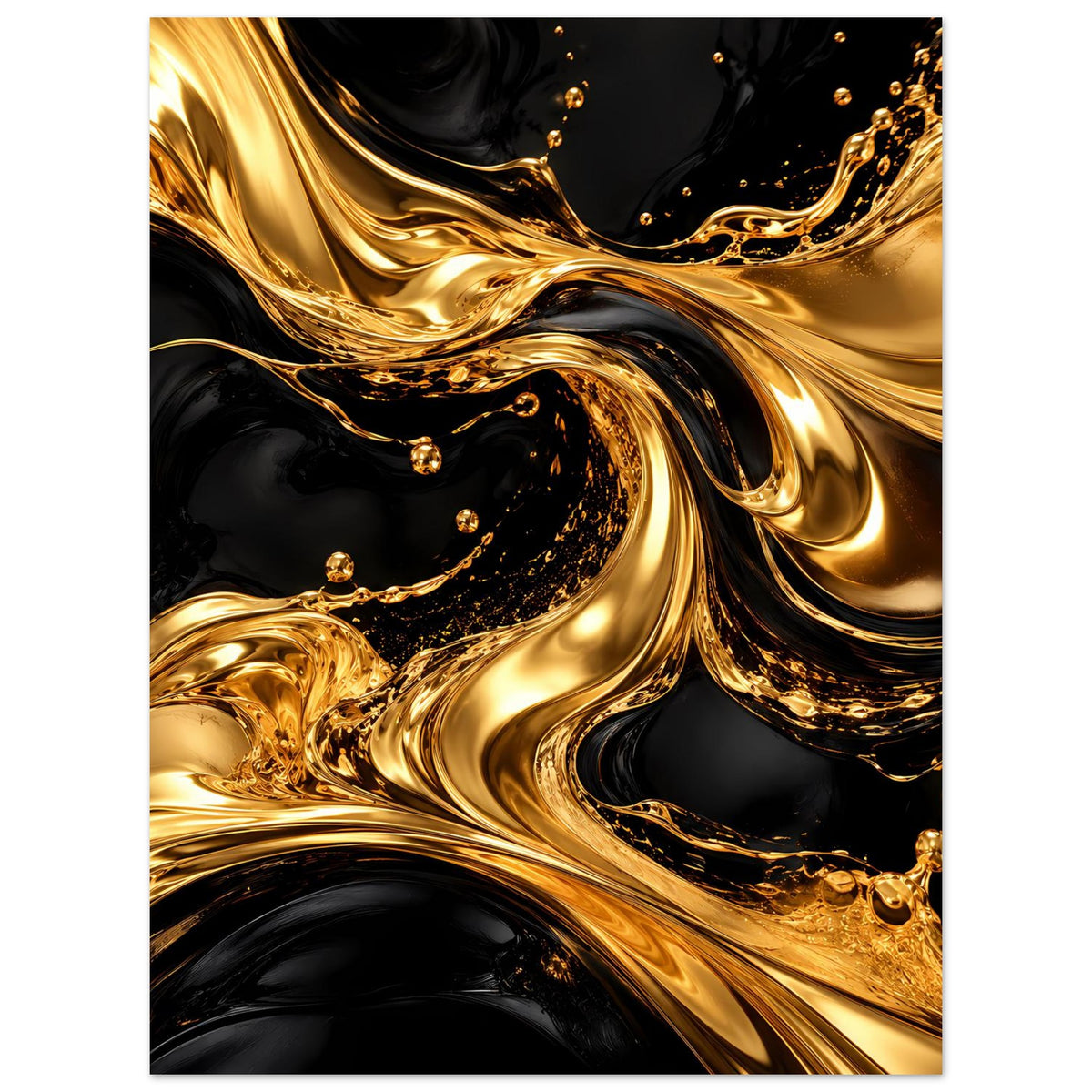 Abstraktes Poster: goldene S-Form-Wellen und Glanzpunkte auf dunklem Schwarz, zentriert