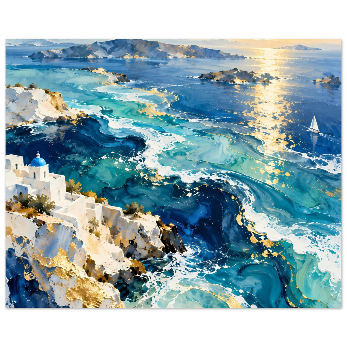 Meerposter: türkisblaues Wasser, Felsenküste, weißes Gebäudeensemble und Segelboot bei Sonnenlicht.
