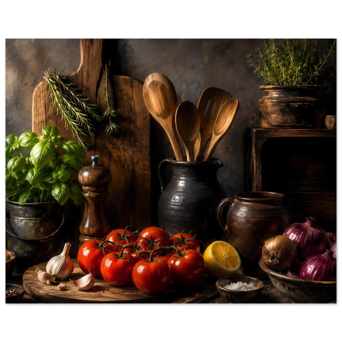 Querformat-Poster mit Küchenstillleben: Tomaten, Zitrone, Zwiebeln und dunkle Keramikgefäße