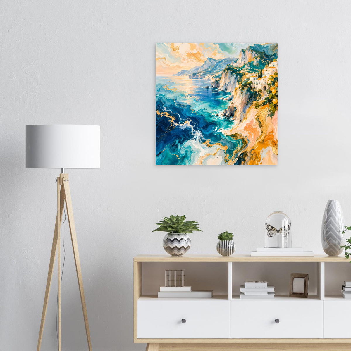 Quadratisches Küstenposter mit türkisblauen Wellen und goldenem Himmel