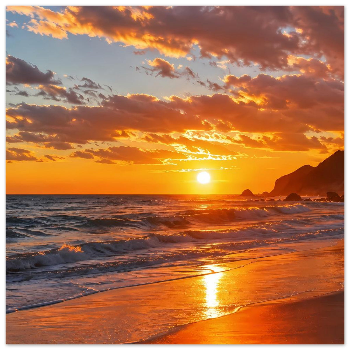 Poster im Hochformat mit Sonnenuntergang am Strand: goldene Sonne, orangefarbener Himmel, schimmernder Strand.