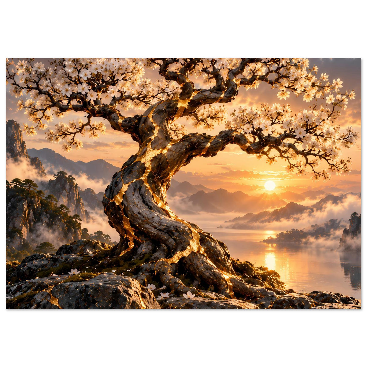 Hochformat-Wandposter: Baumstamm mit Blüten und Sonnenuntergang über ruhigem Wasser