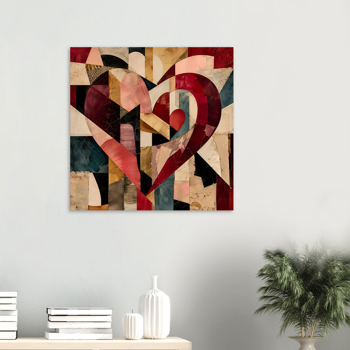 Quadratisches Poster mit abstraktem Herz aus kubistischen Formen in Rot, Beige und Blau