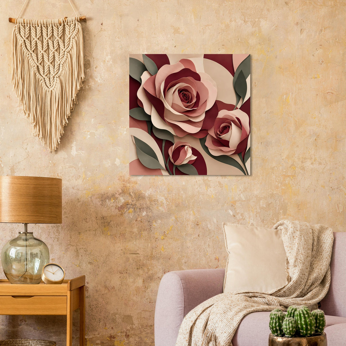 Florales Kunstposter mit Rosen in Burgunder und Rosé