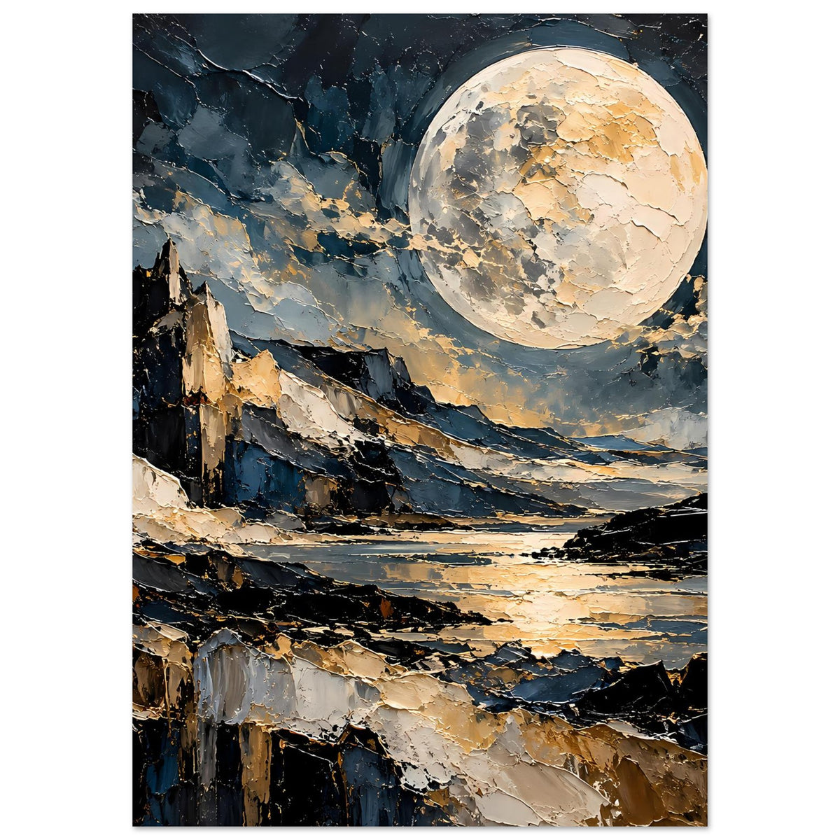 Vertikales Mondschein-Poster: goldener Vollmond über See und Berge, gemalte Details.