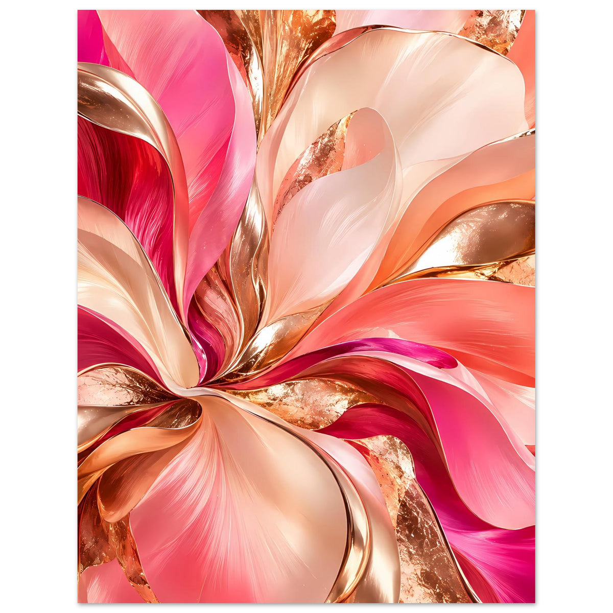 Abstraktes Blumenposter mit rosafarbenen Federn, weißen Flächen und goldenen Akzenten