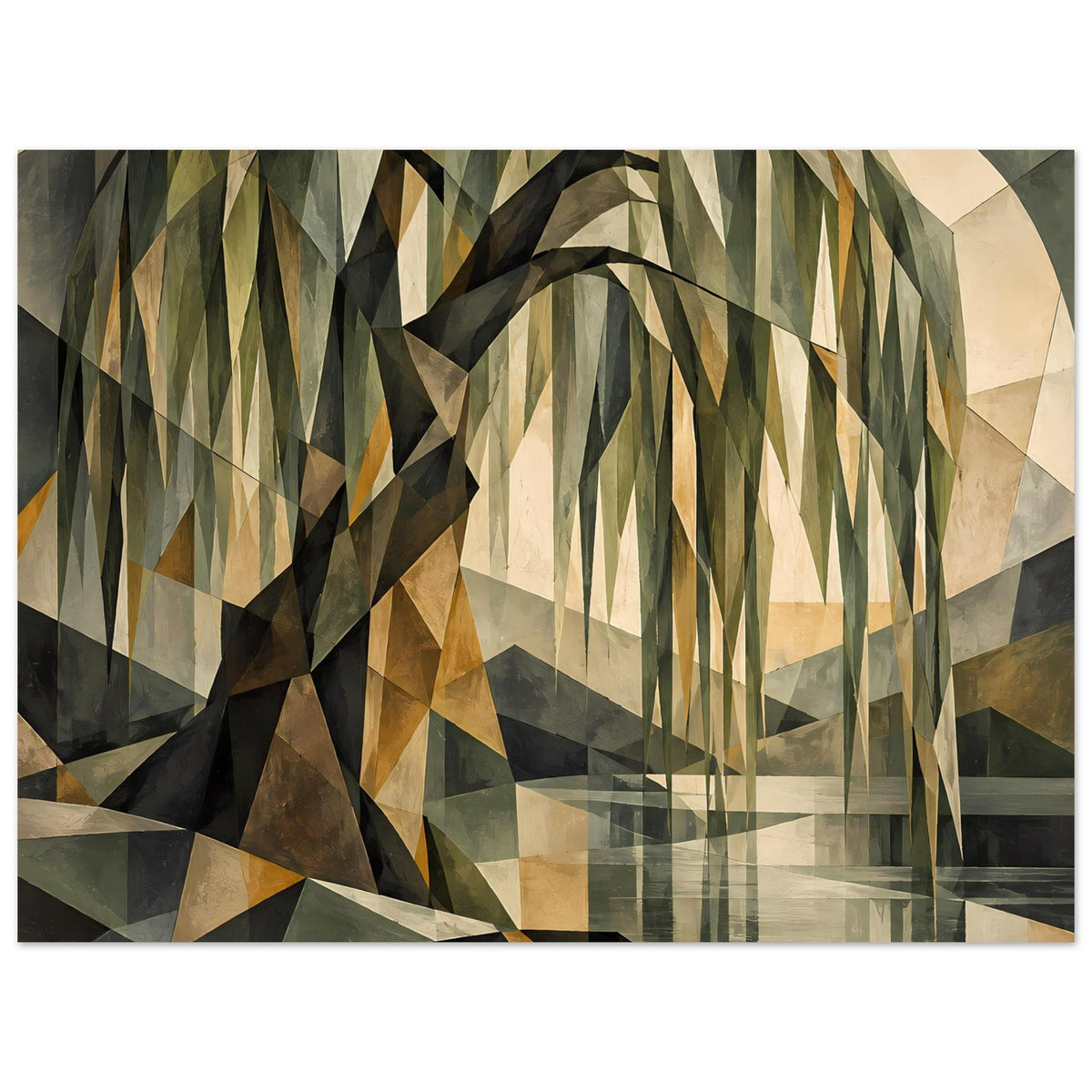 Wandposter im breiten Format: geometrischer Baum mit durchlaufenden Bogenformen, erdig