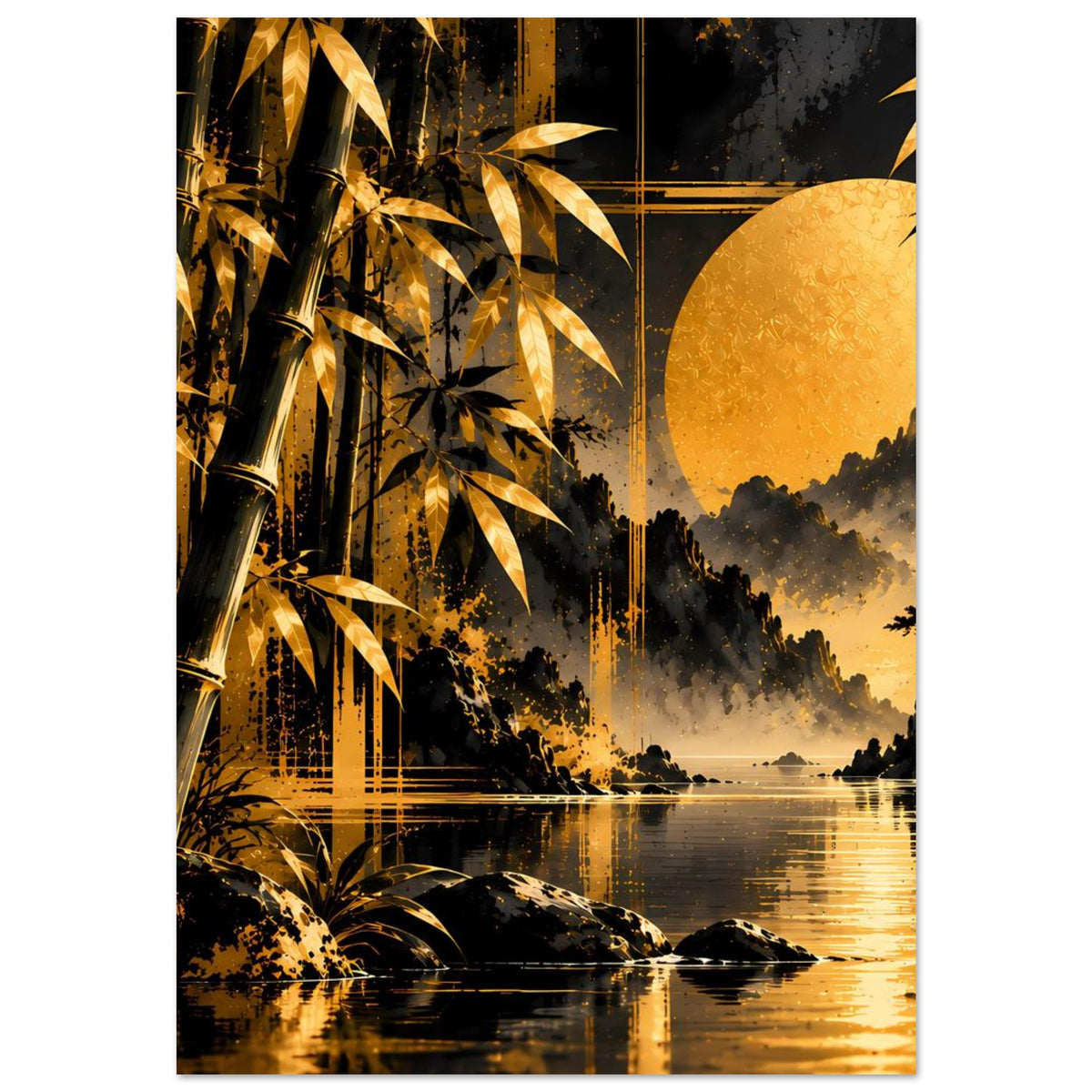 Poster mit goldenen Bambusstängeln, gelbem Mond über nebligem Wald und Reflexion im Wasser