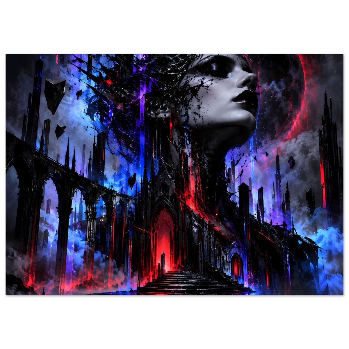 Gothic-Poster: Frauenprofil über düsterer Burgsilhouette, Neonblau und Neonrot im Nebel