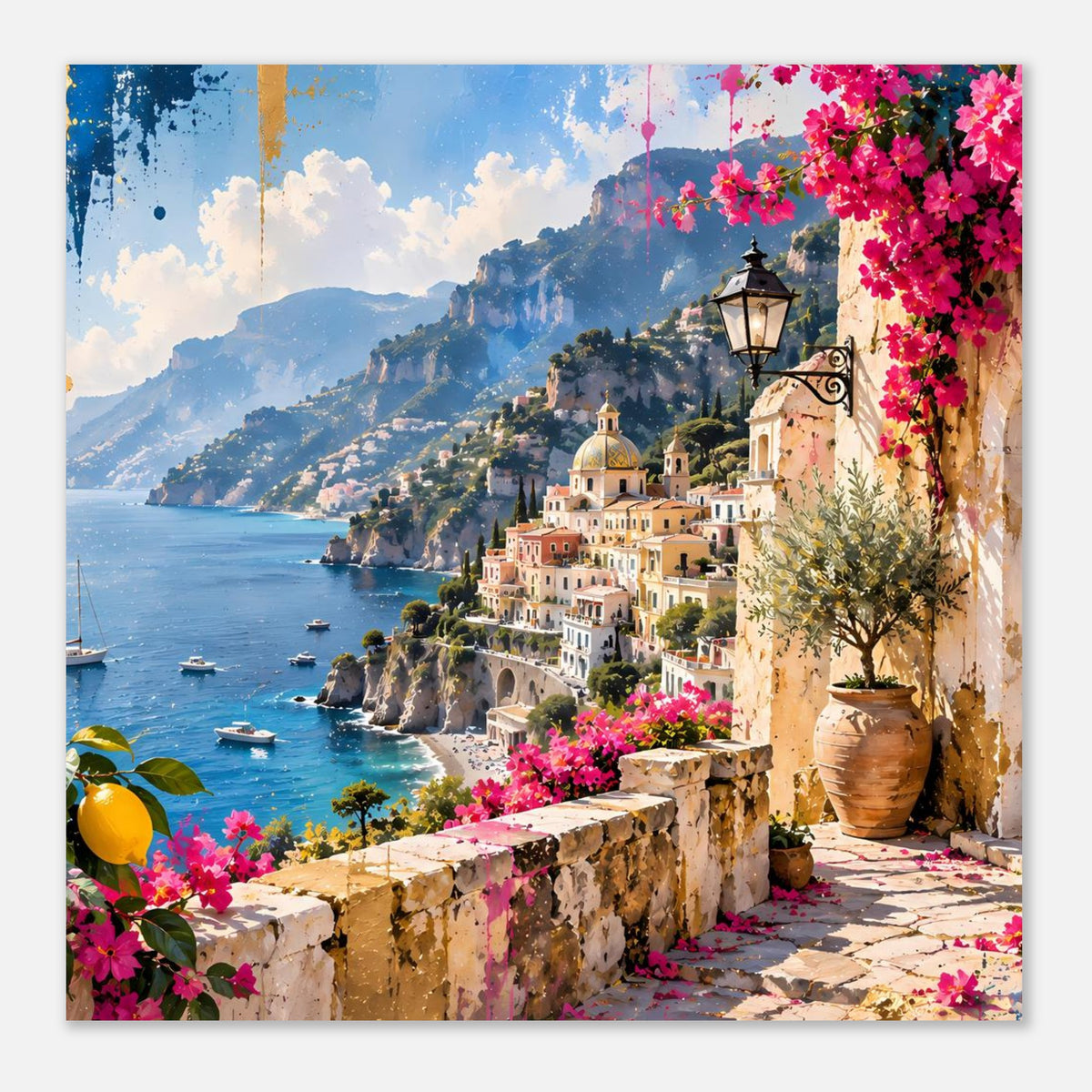 Küstenposter mit Meerblick, weißen Gebäuden mit Kuppeln, pinken Blumen und Terrassenmauer.