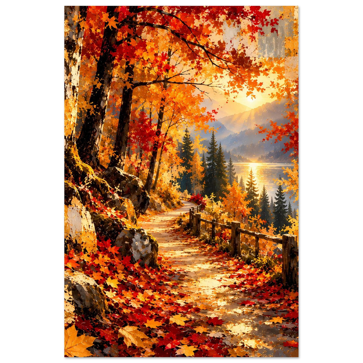 Poster mit Waldweg im Herbst, leuchtende Baumkronen, Zaunlinie und tiefstehender Sonne
