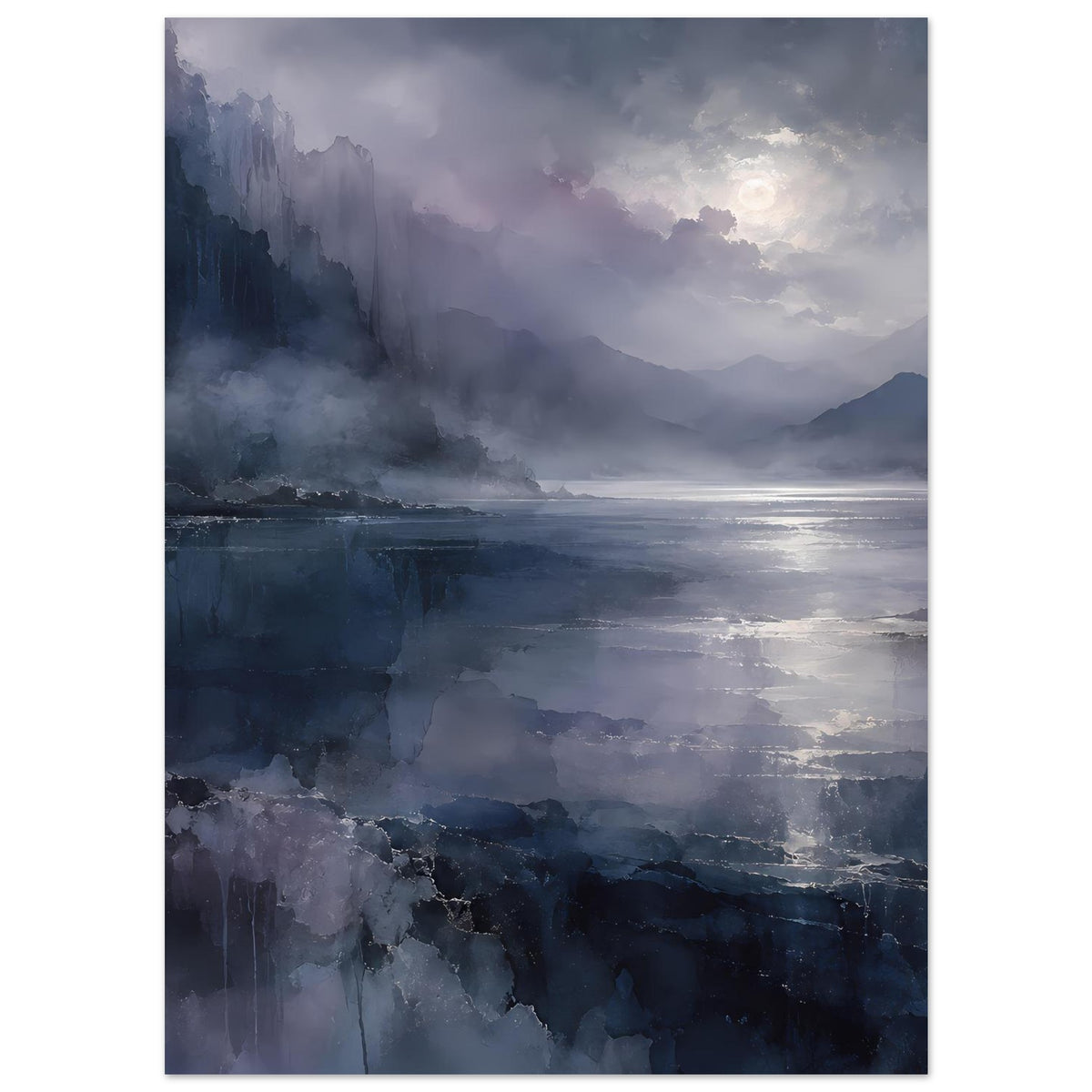 Poster im Hochformat mit abstrakter Küstenlandschaft, tiefe Blautöne, Nebel und Felsdetails