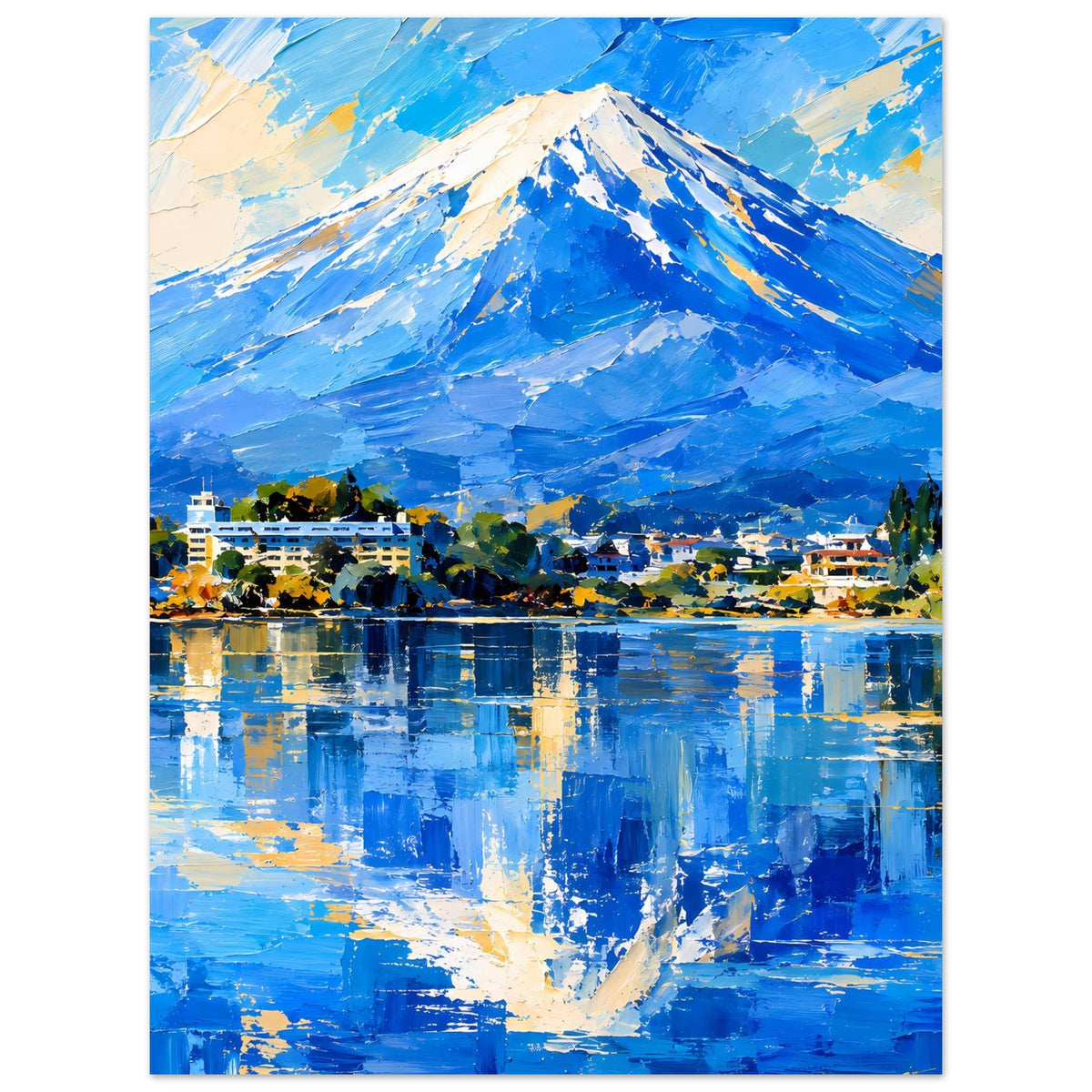 Berglandschaftsposter mit weißem Rand: blaues Bergmotiv, Dorf am Ufer und See-Spiegelung.